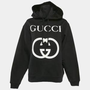 Gucci Black Logo Print Cotton Knit Hoodie M