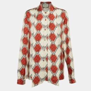 Gucci Brown/Cream Printed Silk Tie-Up Neck Blouse M