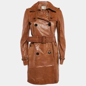 Gucci Caramel Brown Leather Double Breasted Trench Coat S