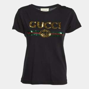 Gucci Black Sequin Embellished Cotton Crew Neck T-Shirt 