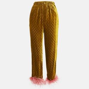 Gucci Yellow GG Interlocking Feather Trim Devore Trousers XS