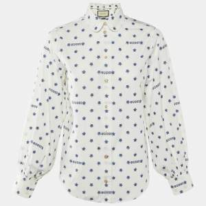 Gucci White Star Brocade Cotton Button Front Blouse S