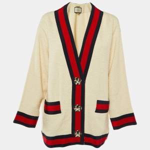 Pre Owned Gucci Off-White Tweed Web Stripe Button Detail Jacket L