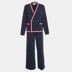 Gucci Navy Blue Wool Blend Knit Stripe Detail Cardigan and Pants Set M/S
