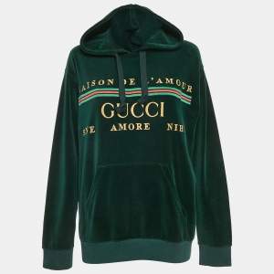 Pre Owned Gucci Black Logo Embroidered Velvet Hoodie M