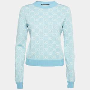 Pre Owned Gucci Blue GG Monogram Jacquard Knit Long Sleeve Sweater S