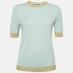 Gucci Green Lurex Trim and Cashmere Knit Crewneck Top M