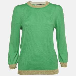Gucci Green Lurex Trim Cashmere Knit Long Sleeve Top L