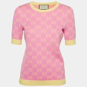 Gucci Pink Monogram Jacquard Knit Short Sleeve Sweater M