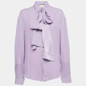 Gucci Purple Monogram Jacquard Silk Neck Tie-Up Shirt L