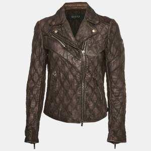 Pre Owned Gucci Brown GG Embossed Leather Quilted Jacket M