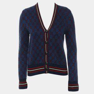 Gucci Blue & Red Wool GG Button-Up Cardigan Size S