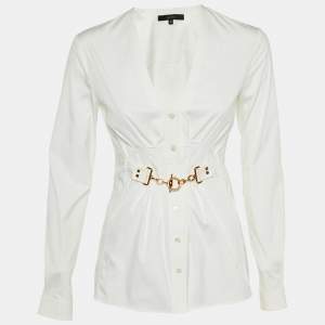 Gucci White Cotton Chain Detail V-Neck Top S