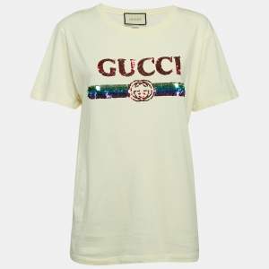 Gucci Light Yellow Logo Embroidered Cotton Oversized T-Shirt XS