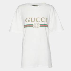 Gucci White Vintage Logo Print Jersey Distressed T-Shirt S