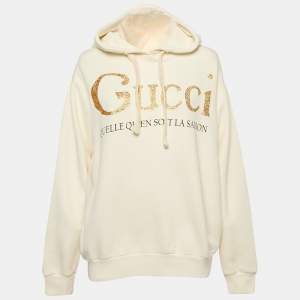 Gucci Off White Glitter Logo Print Cotton Hoodie XS