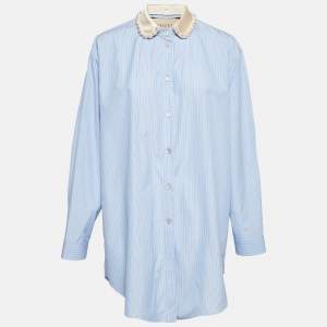 Gucci Blue Striped Cotton Pearl Embellished Collar Shirt M