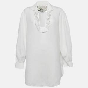 Gucci White Leather Buckle Trim Linen Ruffled Blouse M