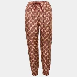 Gucci Burgundy GG Print Silk Side Tape Trimmed Joggers S