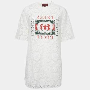 Gucci White Vintage Logo Print Lace Mini Dress M