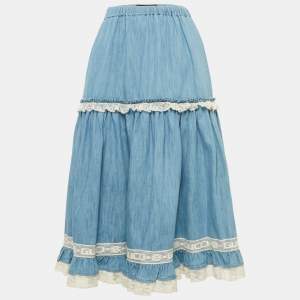 Gucci Blue Lace Trim Chambray Tiered Midi Skirt S