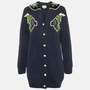 Gucci Navy Blue Embroidered Wool Pearl Detail Button Front Cardigan XS
