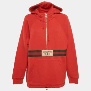 Gucci Red Cotton Web and Gucci Label Hooded Sweatshirt XXS