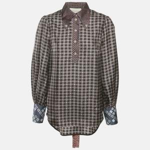 Pre Owned Gucci Brown GG Print Silk Long Sleeve Blouse M