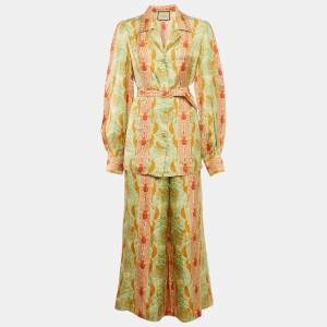Gucci Green/Orange Floral Print Silk Shirt and Pants Set L