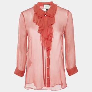 Gucci Pink Silk Chiffon Ruffle Neck Detail Button Front Sheer Top M