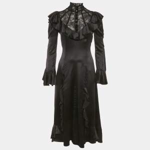 Gucci Black Lace Trim Satin Ruffled Midi Dress S