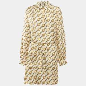 Gucci Off-White Horse-bit Print Silk Button Front Belted Short Dress L