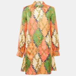 Gucci Orange GG Rhombus Ramage Silk Shirt Dress M