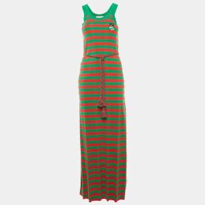 Gucci Green/Red Striped Rib Knit Belted Maxi Dress S
