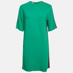 Gucci Green Crepe Web Stripe Trim Detail Mini Dress S