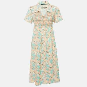 Gucci x Liberty Blue Floral Print Wool Shirring Detail Midi Dress M