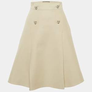 Gucci Light Beige Wool and Silk Tiger Brooch Detail Knee-Length Skirt S