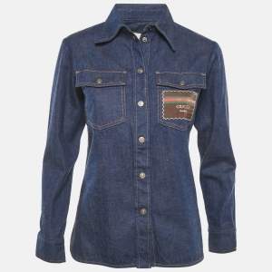Gucci Blue Vintage Logo Patch Work Denim Shirt S