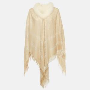 Gucci Beige Fur Trim Lamé Wool Poncho One Size 