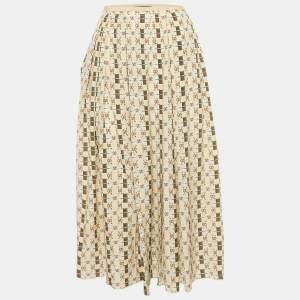 Pre Owned Gucci Cream Lips Print  Silk Pleated Midi Skirt S