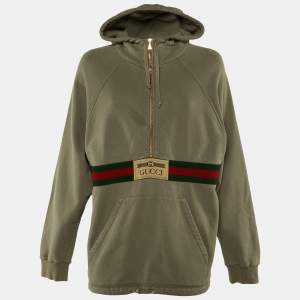 Gucci Grey Cotton Knit Logo Stripe Detail Oversized Hoodie XS
