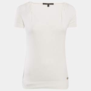Pre Owned Gucci White Cotton Knit GG Logo Detail V-Neck T-Shirt S