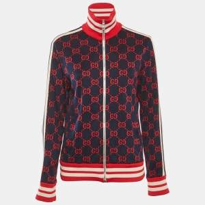 Gucci Navy Blue GG Monogram Print Cotton Knit Zip Front Jacket M