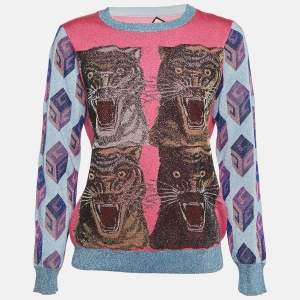 Gucci Pink/Blue Tiger Intarsia Lamé Knit Crew Neck Pullover XL
