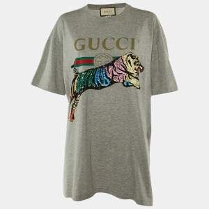 Gucci Grey Cotton Tiger Embellished Crew Neck T-Shirt L