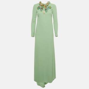 Pre Owned Gucci Mint Green Neck Embellished Silk Long Sleeve Maxi Dress S