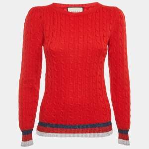 Gucci Red Lamé Trim Cable Knit Crewneck Sweater M