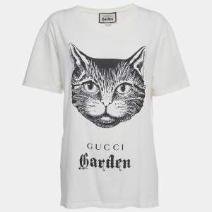 Pre Owned Gucci Garden White Cat Print Cotton Crewneck T-Shirt L 