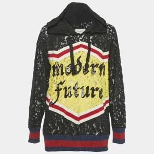 Pre Owned Gucci Black Lace Modern Future Sequin Detail Hooded Sweatshirt S