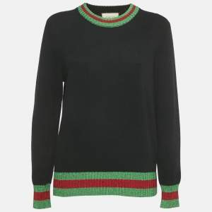 Gucci Black Wool & Lamé  Web Trim Detail Sweater L